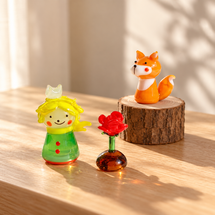 Little Boy Fox Rose Miniature Glass Figurine Set, Cute Lampwork – Handmade Gift for Her