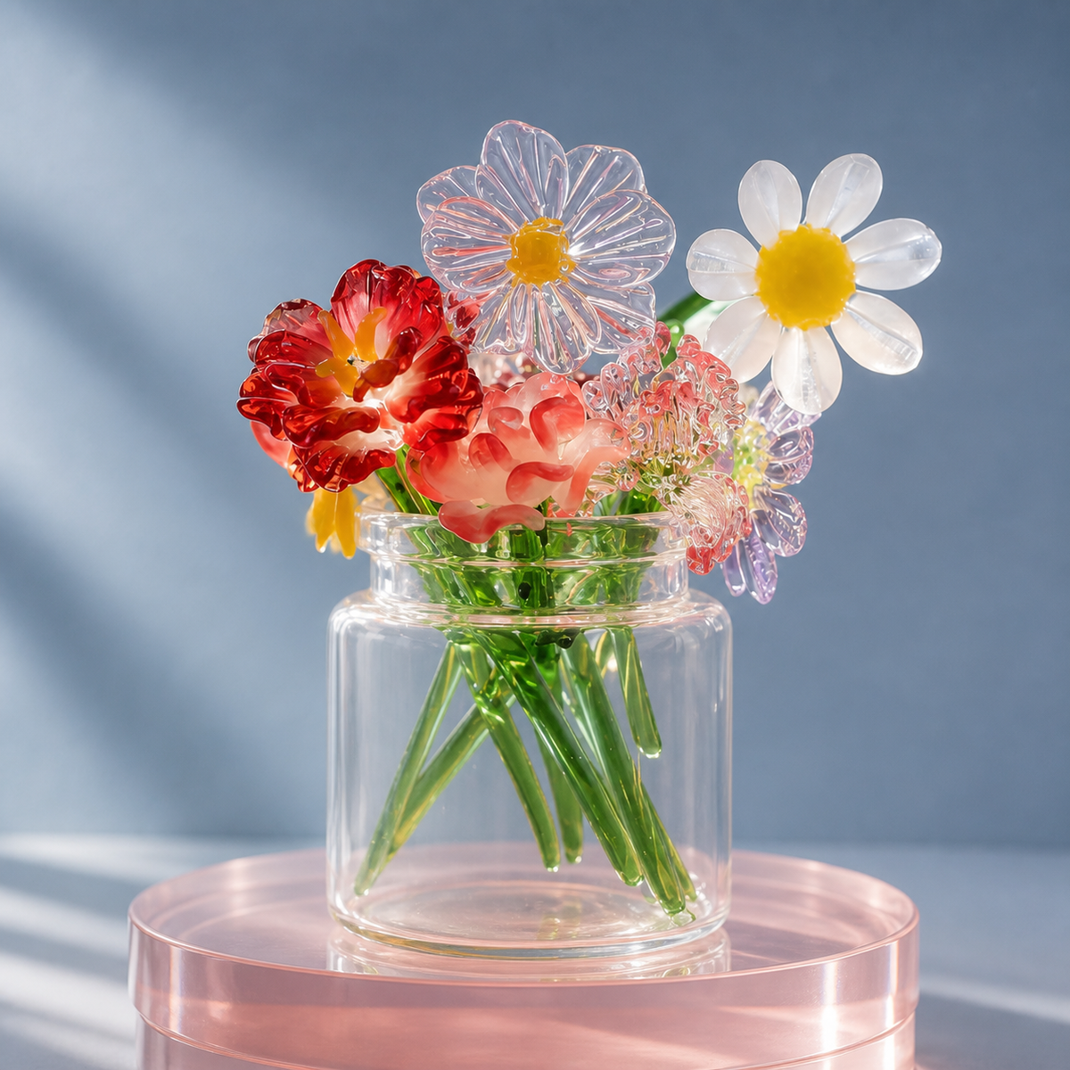 Miniature glass birth month flower bouquet in a clear vase on blush acrylic