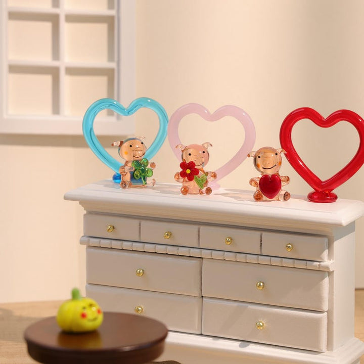 Handmade Glass Pig Figurines with Heart Frames, Cute Handcrafted – Handmade Gift for Her