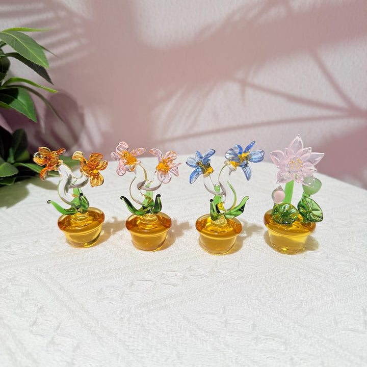 Handmade Glass Iris and Lotus Flower, Mini Potted Plant Figurine – Birthday Gift for Her, Mother's Day Gift
