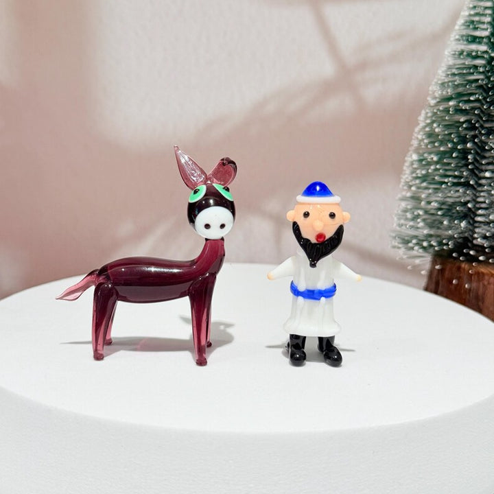 Handmade Glass Donkey and Shepherd Figurines, Mini Animal Sculpture