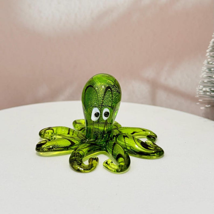 Handmade Green Glass Octopus Figurine, Mini Ocean Animal Sculpture,