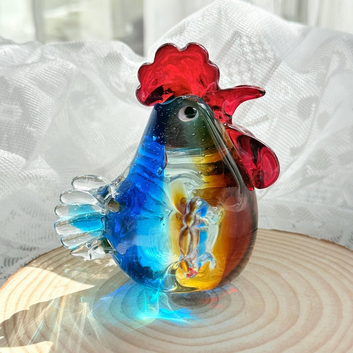 Handmade Colorful Glass Rooster Figurine, Rainbow Chicken Sculpture – Handmade Gift for Her
