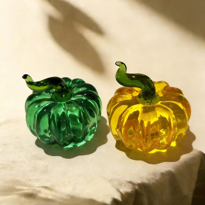 Mini Art Glass Pumpkins for Halloween Decor, Green and Amber