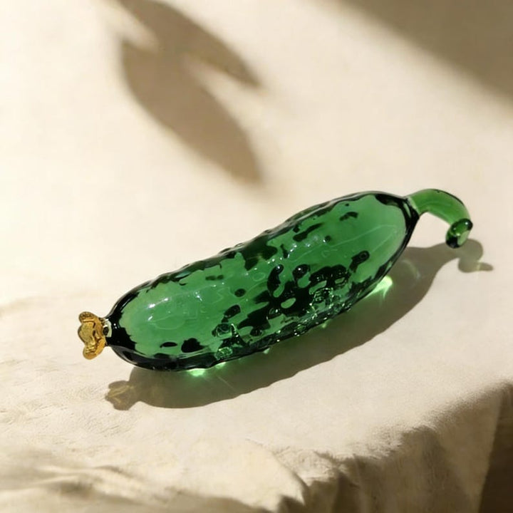 Handcrafted Green Glass Cucumber Sculpture, Whimsical Art Glass
