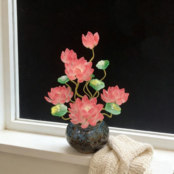 Handcrafted Pink Glass Lotus Flower with Pot, Handmade Floral Ornament – Birthday Gift for Her, Mother's Day Gift