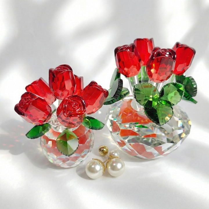 Glass Red Rose Figurine in Vase, Crystal Flower Bouquet, Valentine's – Birthday Gift for Her, Mother's Day Gift