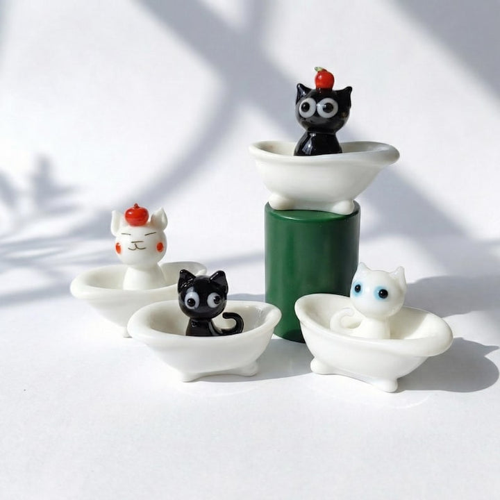 Handmade Glass Cat in Bathtub Figurine, Funny Bathroom Decor, – Handmade Gift for Her