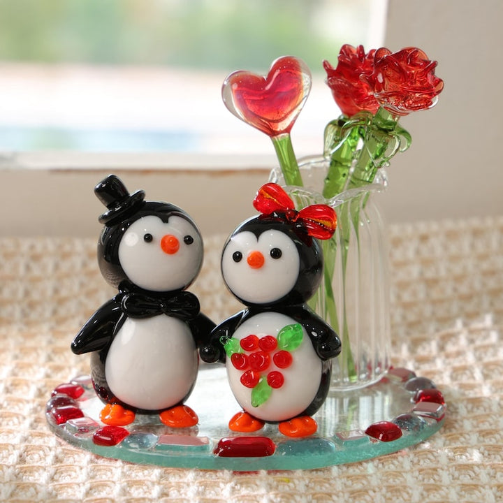 Hand-Blown Glass Penguin Couple Figurine – Romantic Wedding Cake – Handmade Gift for Her