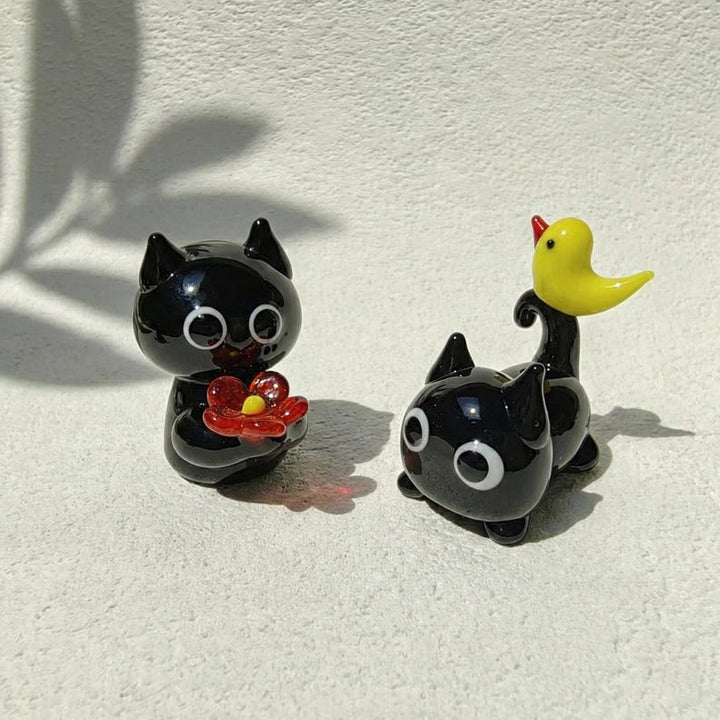Handmade Glass Black Cat Family Figurine, Lampwork Miniature Kitty – Handmade Gift for Her