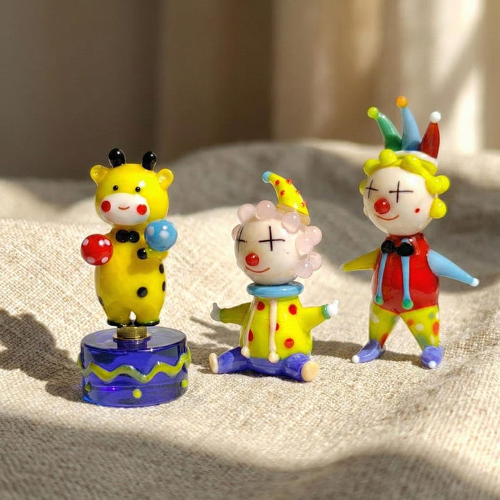 Blown Glass Circus Clown Figurine, Lampwork Bunny & Giraffe, – Handmade Gift for Her