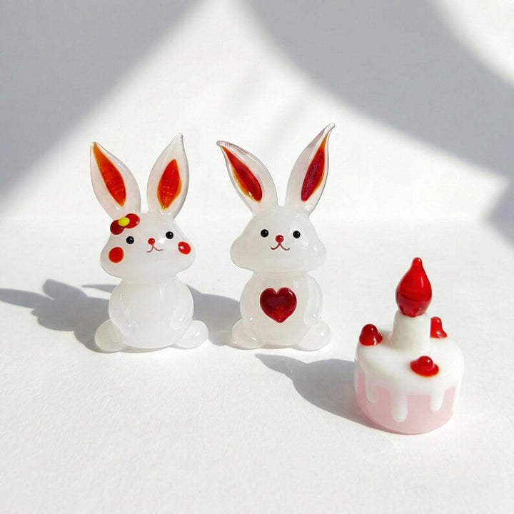Lampwork Glass Bunny Sculpture, Rabbit Figurine Set for Easter, – Handmade Gift for Her