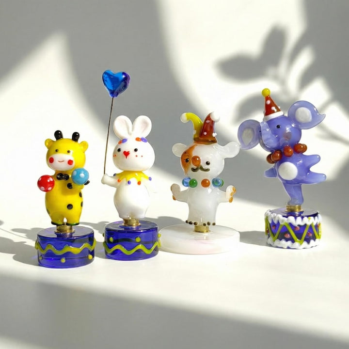 Spinning Glass Circus Animals, Handmade Clowncore Miniature Figurine – Handmade Gift for Her