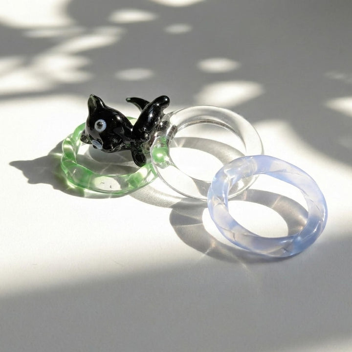 Handmade Glass Ring, Whimsical Black Cat Figurine Ring, Clear Y2K – Handmade Gift for Her