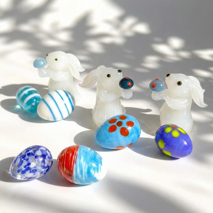 Handblown Glass Bunny with Mushroom Figurine, Lampwork Patterned – Handmade Gift for Her