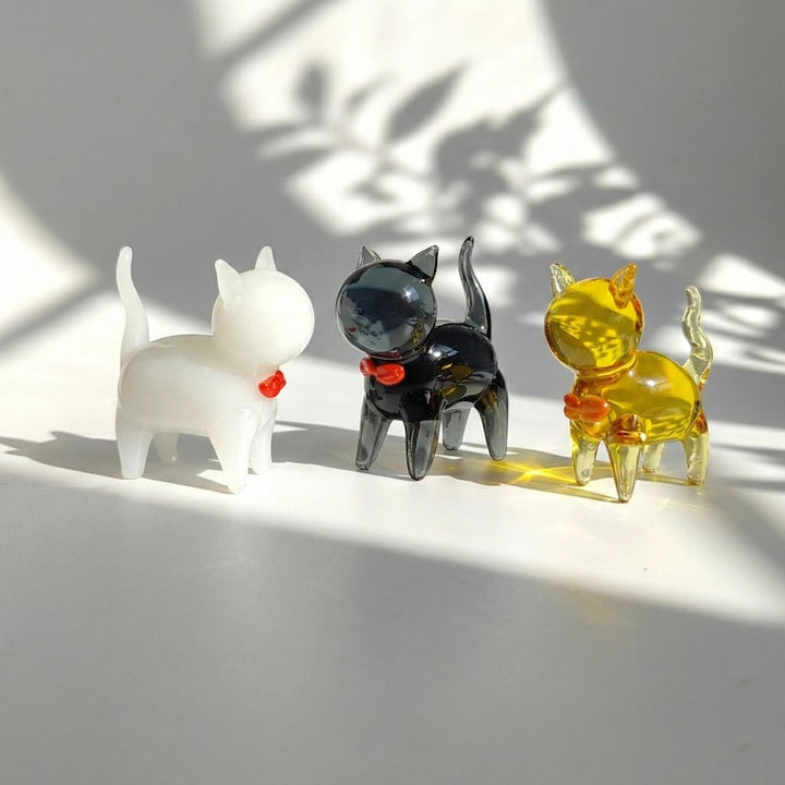 Lampwork Glass Cat Figurine, Handblown Crystal Clear Kitten with Bow – Handmade Gift for Her