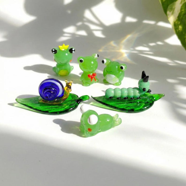 Miniature Glass Frog Snail and Caterpillar, Lampwork Frog Figurine – Handmade Gift for Her
