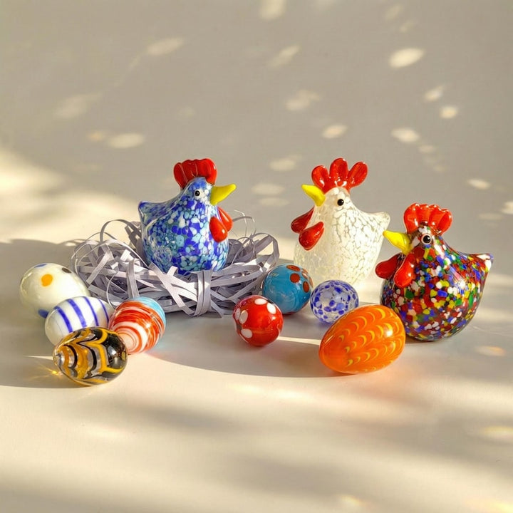 Hand Blown Glass Easter Egg & Chicken Figurines, Lampwork Rooster – Handmade Gift for Her