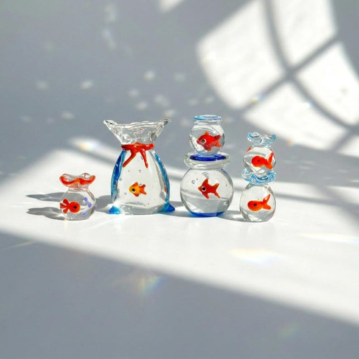 Miniature Glass Goldfish in Bag & Bowl, Handblown Lampwork Fish – Handmade Gift
