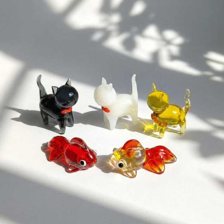 Miniature Glass Cat & Goldfish Figurine, Handblown Animal Sculpture – Handmade Gift for Her