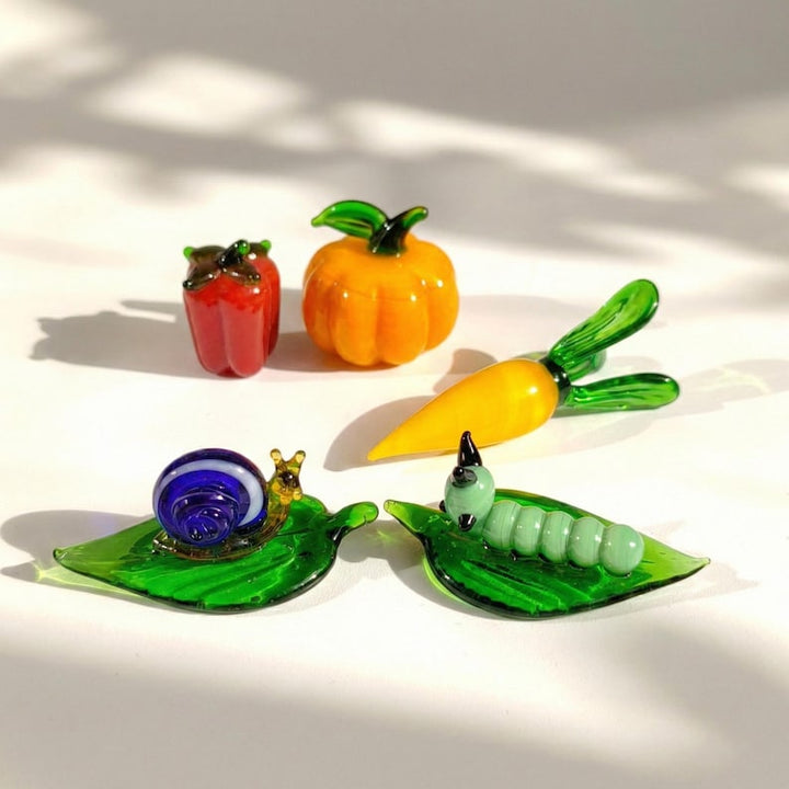 Handblown Glass Vegetable & Insect Figurine, Miniature Garden Set - – Handmade Gift for Her