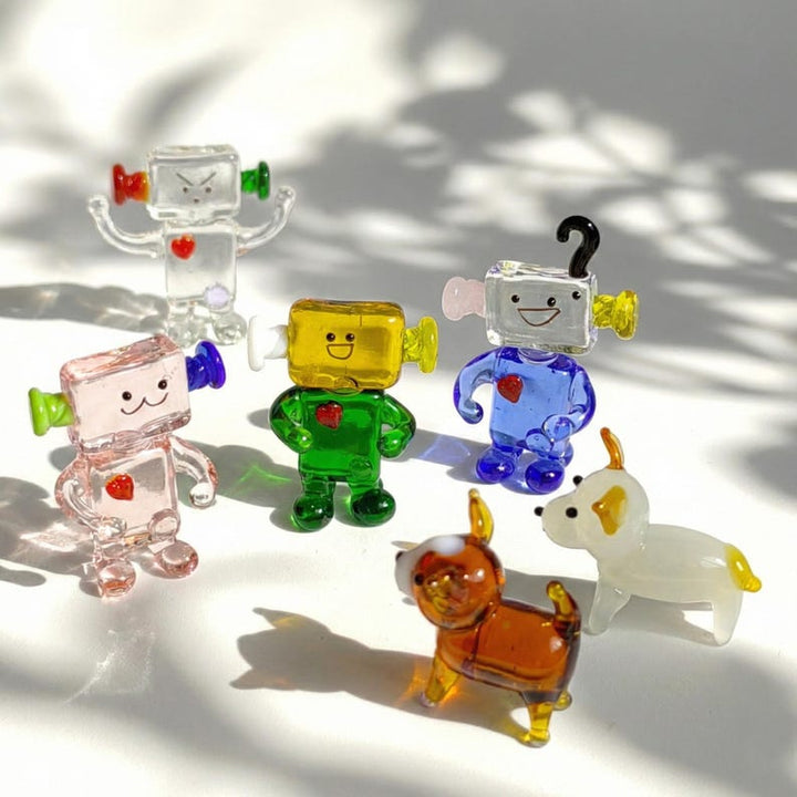 Handmade Glass Robot Figurine, Lampwork Miniature Puppy Sculpture, – Handmade Gift for Her