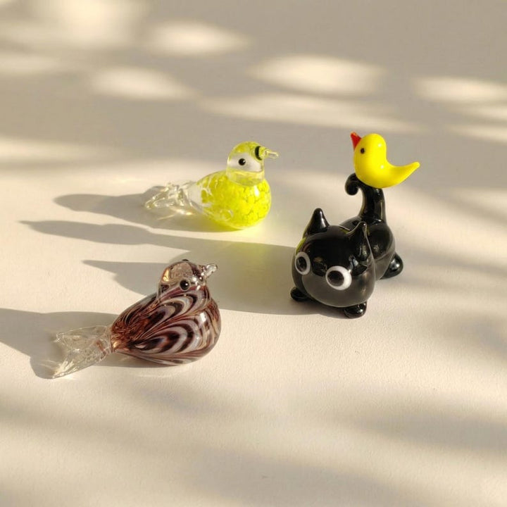 Blown Lampwork Glass Cat & Bird Miniature, Handmade Sparrow Figurine – Handmade Gift for Her