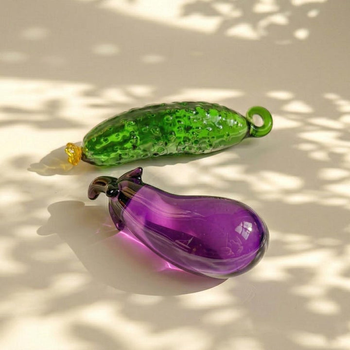 Handblown Glass Cucumber & Eggplant, Playful Miniature Food Sculpture – Handmade Gift for Her