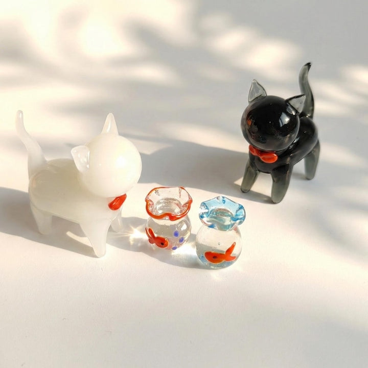 Handblown Glass Black Cat & Fish Figurine, Lampwork Kitty Gift for