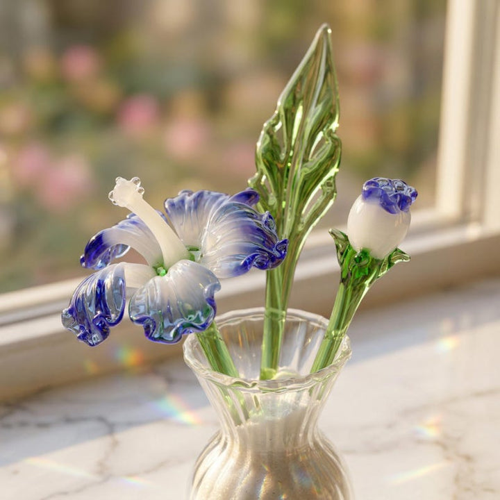 Handblown Glass Blue Hibiscus & Bud Bouquet, Lampwork Eternal Floral – Birthday Gift for Her, Mother's Day Gift