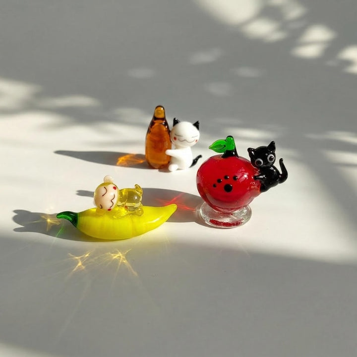 Blown Miniature Glass Monkey on Banana, Handmade Black Cat with Apple – Handmade Gift