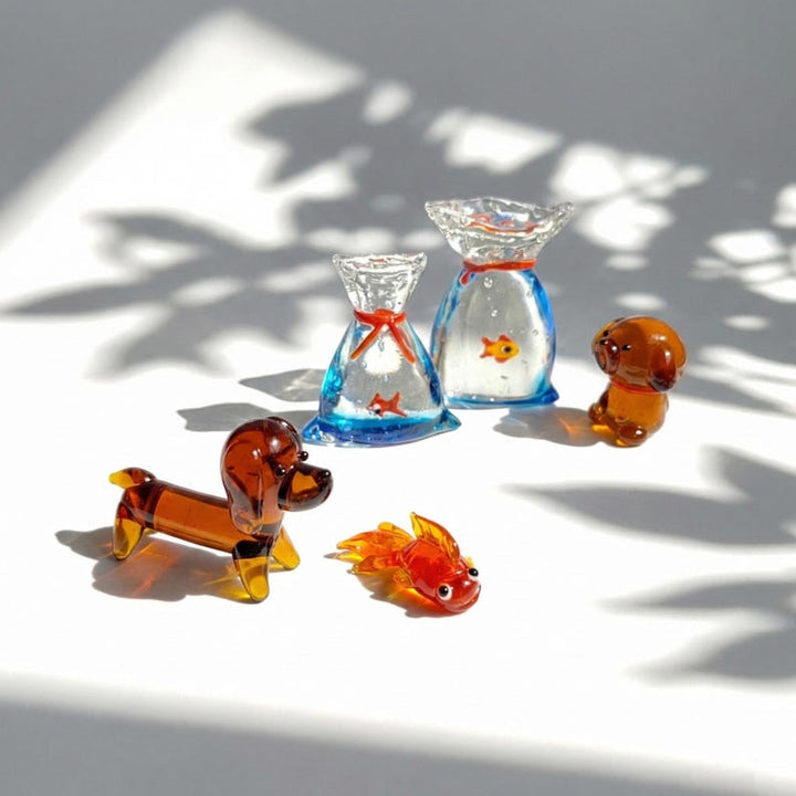 Handblown Miniature Glass Dog & Goldfish in Bag Sets, Lampwork Fish – Handmade Gift