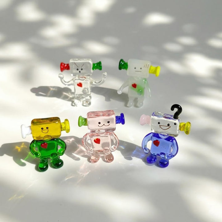 Lampwork Glass Robot Figurine with Heart, Retro Desk Pet, Modern – Handmade Gift for Her