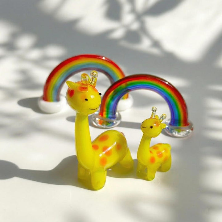 Lampwork Glass Giraffe Family & Rainbow Arch Figurine, Whimsical – Handmade Gift for Her