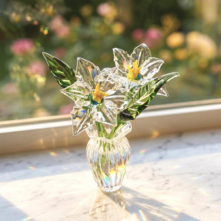 Handblown Clear Glass White Lily in Vase, Dainty Keepsake Gift for Mom