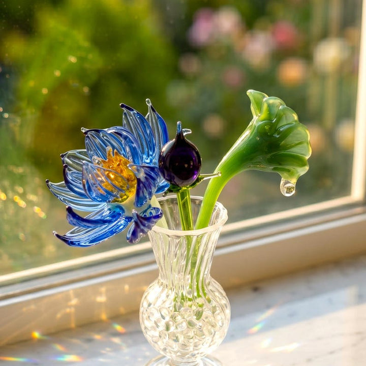 Handblown Blue Glass Water Lily Set, Whimsical Lotus Flower Bouquet – Birthday Gift for Her, Mother's Day Gift