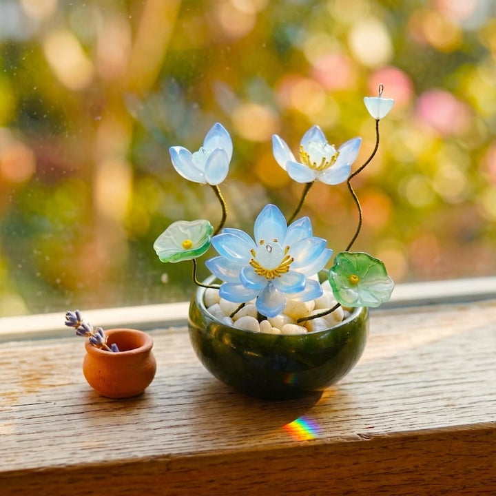 Handmade Elegant Glass Lotus Flower with Pot, Floral Desk Decor for – Birthday Gift for Her, Mother's Day Gift