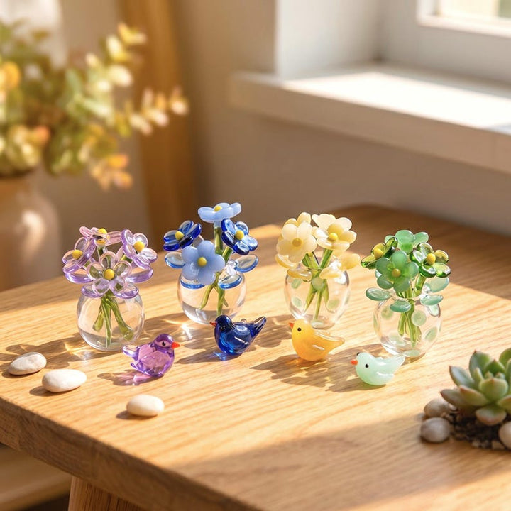 Handmade Miniature Glass Flower Bouquet & Bird Figurine for Mothers – Birthday Gift for Her, Mother's Day Gift