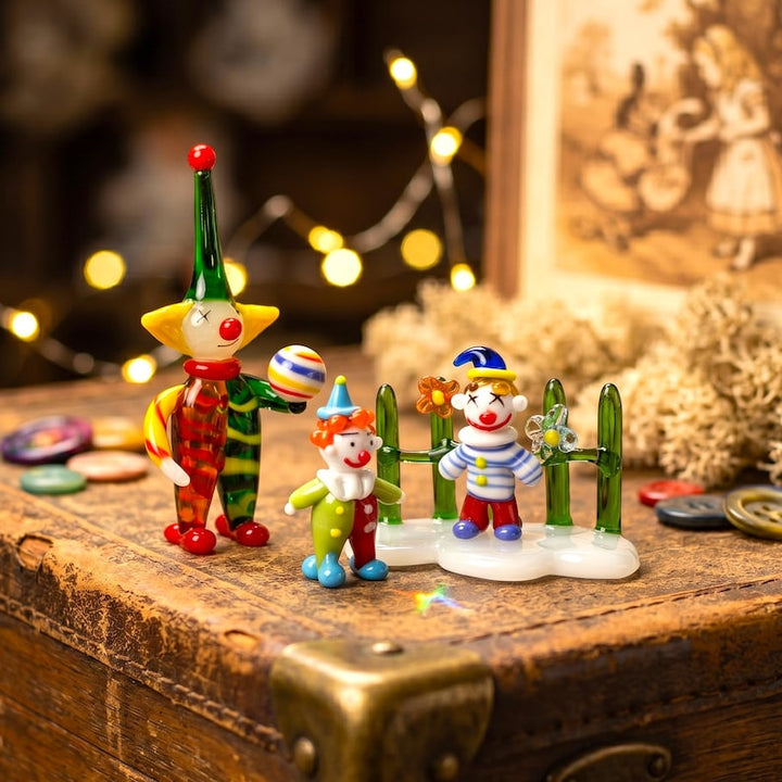 Handblown Miniature Circus Clown Figurines, Floral Glass Fence Base – Handmade Gift for Her