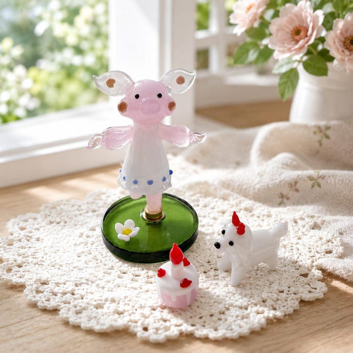 Kawaii Handblown Glass Pig Figurine, Spinning Dancing Piglet Statue – Handmade Gift for Her
