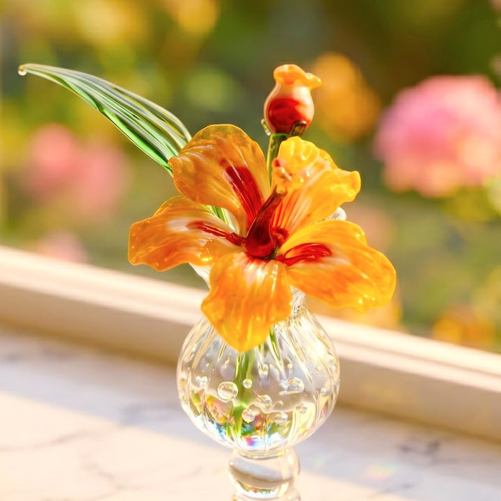 Handblown Miniature Glass Hibiscus in Vase, Cheerful Tropical Flower – Birthday Gift for Her, Mother's Day Gift