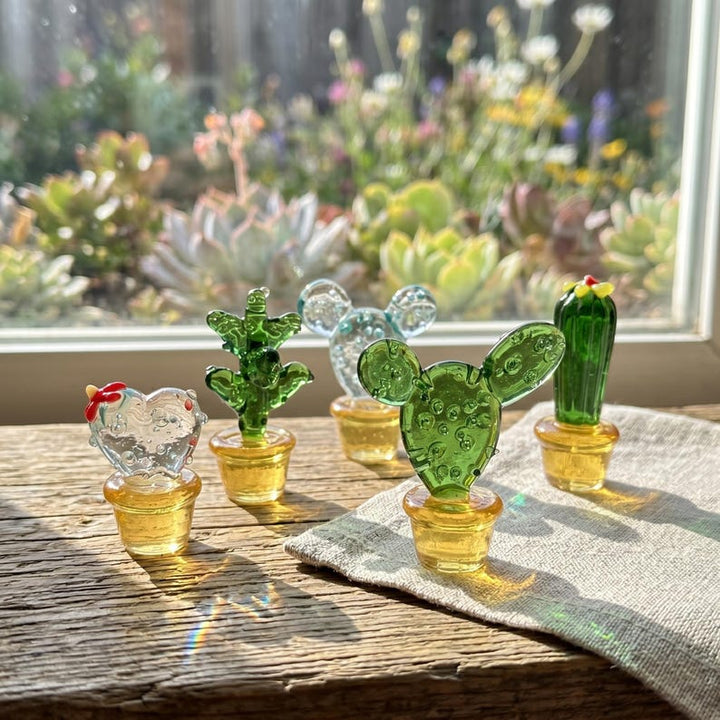 Handblown Glass Miniature Cactus Figurine, Faux Succulent House Plant – Handmade Gift for Her