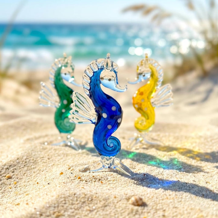 Handblown Glass Sea Horse Sculpture, Coastal Beach House Decor, – Handmade Gift for Her