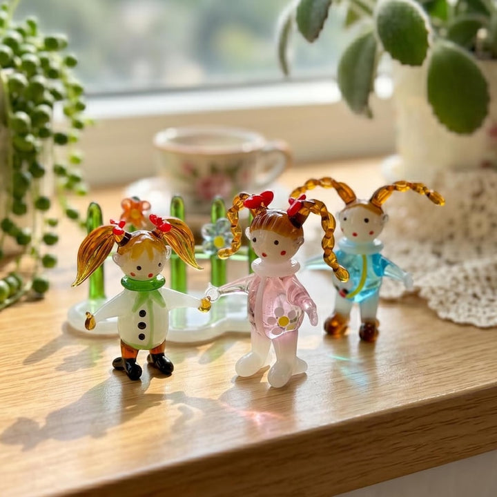 Handblown Miniature Glass Doll Girl, Fairy Garden Floral Fence, – Handmade Gift