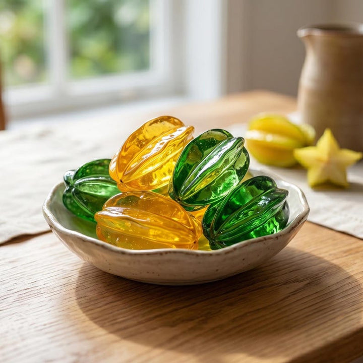Realistic Glass Starfruit Figurine for Kitchen Shelf, Colorful Fruit – Handmade Gift for Her