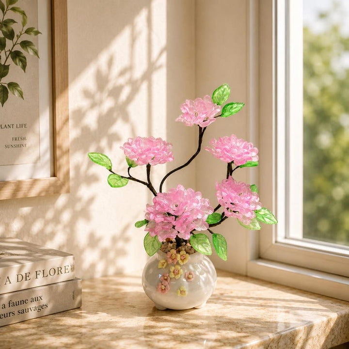 Handmade Pink Glass Peony Bouquet, Eternal Flower Arrangement
