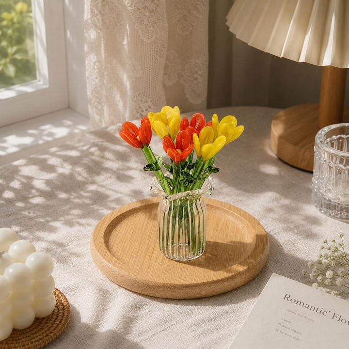 Colorful Glass Flower Bouquet with Mini Vase, Handmade Floral