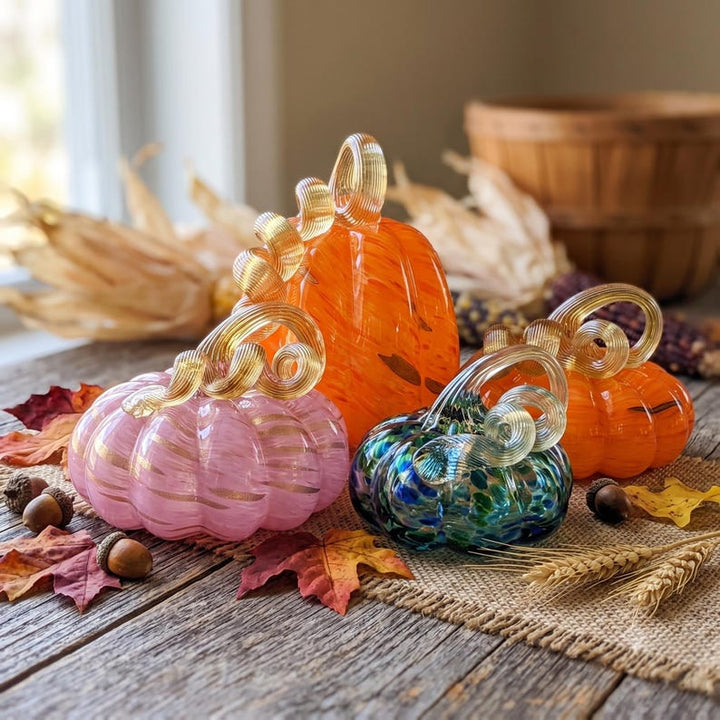 Golden Hour — Lampwork Swirl Glass Pumpkin, Fall Harvest Decor – Halloween Decor Gift