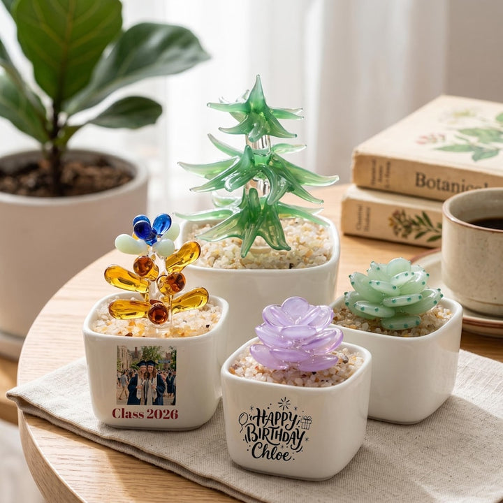 Whimsical Glass Succulent with Custom Photo Pot, Personalized Office – Handmade Gift