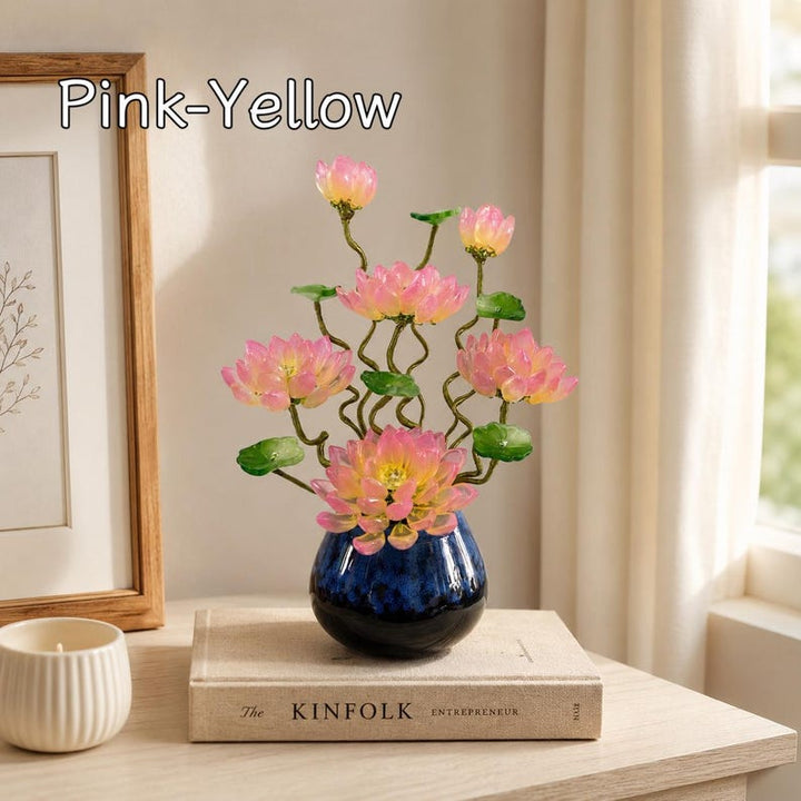 Handmade Glass Lotus Flower, Pink Yellow Lotus Arrangement, Elegant – Birthday Gift for Her, Mother's Day Gift